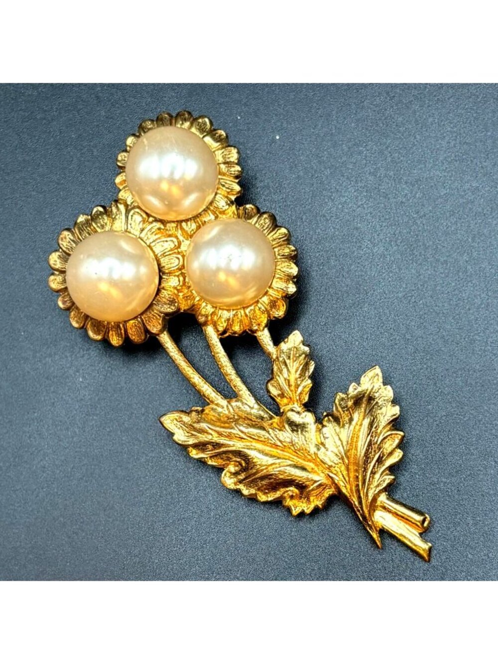 Vintage MCM Gold Faux Pearl Sunflower Brooch Pin Cottagecore Flower Bouquet